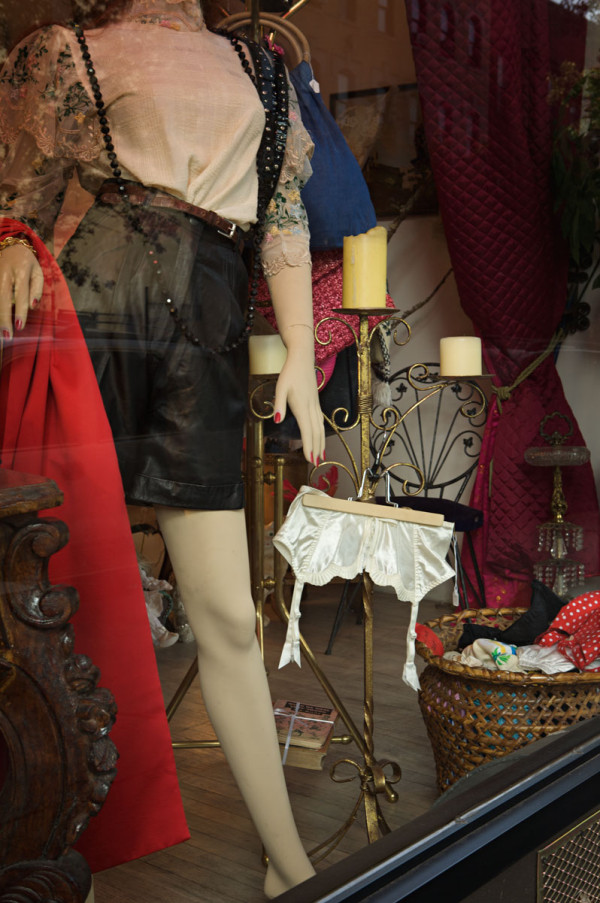Photo of shop window, lace garter belt  — Brooklyn, New York