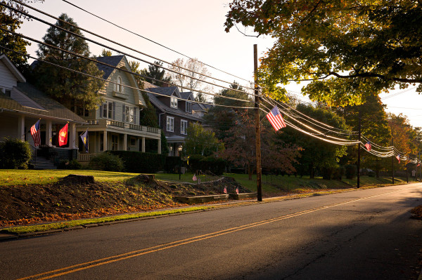 Photo of American flags along a street in Hopewell, New Jersey